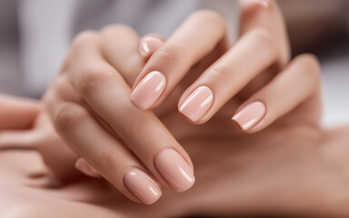 Obraz na płótnie Canvas Woman hand with nude shades nail polish on her fingernails, manicure with gel polish at luxury beauty salon