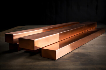 A several beryllium copper alloy CuBe2 square and rectangular bars placed parallel to each other on a dark surface, a smooth texture and a rich warm hue that is accentuated by soft lighting