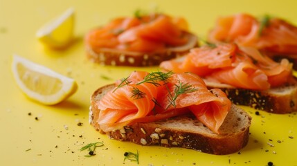 Toast with pieces of smoked salmon, yellow background