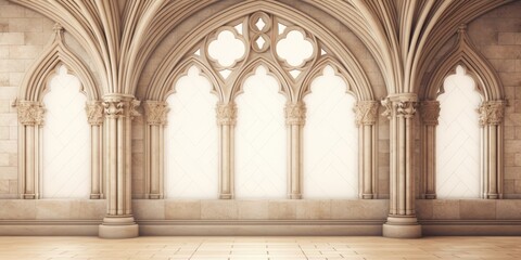 stone castle tiles with arches and curtains in medieval style.
