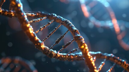 DNA helix model on blurred background with free place for text. Genome studies, medical research science banner - obrazy, fototapety, plakaty