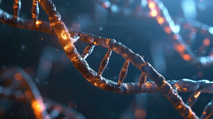 DNA helix model on blurred background with free place for text. Genome studies, medical research science banner - obrazy, fototapety, plakaty