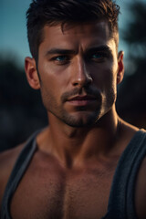 Close-Up of Shirtless Man in Tank Top. Generative AI.