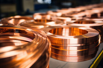 Beryllium copper alloys CuBe 2 strips in rolls, in a manufacturing setting, ideal photo for metal warehouse, manufacturing, industrial or heavy industry themes - obrazy, fototapety, plakaty