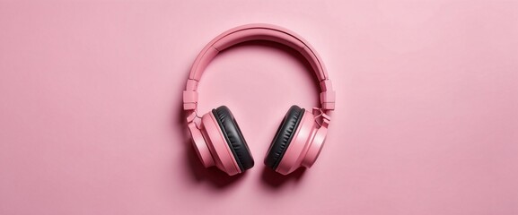Pink over-ear headphones on pink background, copy space, advertising space