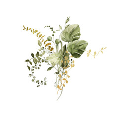 Watercolor floral composition. Hand painted flowers, green forest leaves of fern, eucalyptus, golden leaf. Bouquet isolated on white background. Botanical illustration for design, print or background
