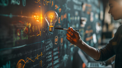 Man Writing Mathematical Equations on a Wooden Board With a Light Bulb on It