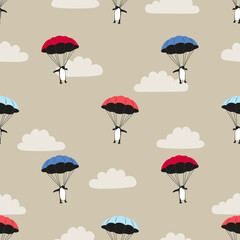 Flying penguin with parachute seamless pattern. Concept vector background - 719717403
