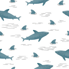 Seamless sharks and shark fins pattern. Vector sea background - 719717465
