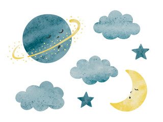 Watercolor set of cute moon, stars, clouds and planet. Nursery elements. Vector illustration for kids - 719717479