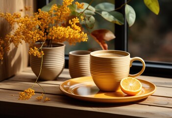 Obraz na płótnie Canvas A charming display of elegance and simplicity, as a vibrant orange flower sits gracefully in a delicate porcelain cup, accompanied by a fresh lemon on a wooden saucer