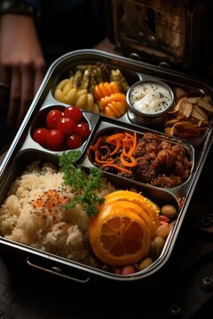 A vibrant tray of diverse cuisines, from prepackaged meals to delicate okazu and savory sides, showcasing the rich variety of ingredients and flavors found in fast food, indoor dining, and traditiona