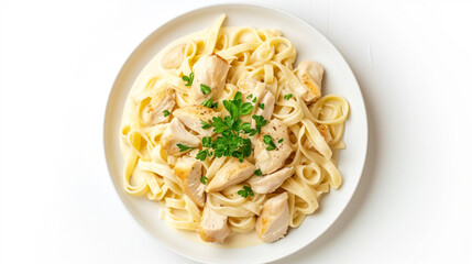Chicken fettuccine with alfredo sauce, italian pasta on white plate isolated on a white background