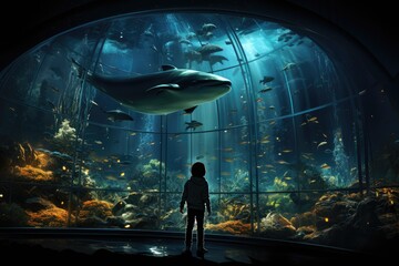 Captivated by the colorful marine life swimming in the freshwater aquarium, a child gazes in awe at the intricate patterns of a reef while a sleek shark glides gracefully through the water