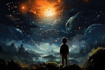 A curious child gazes at a distant planet, lost in wonder under the starry night sky