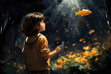A curious child in their colorful clothing gazes in awe at a beautiful goldfish swimming in the...