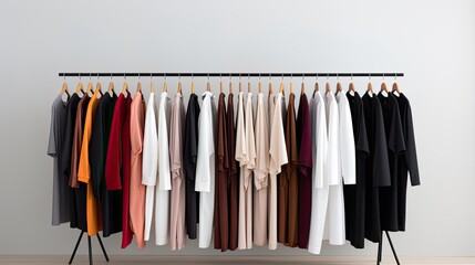 stylish clothes on a hanger in an organized and visually appealing way. Proper spacing between garments and neatly aligned, creating the look of a well-organized closet.