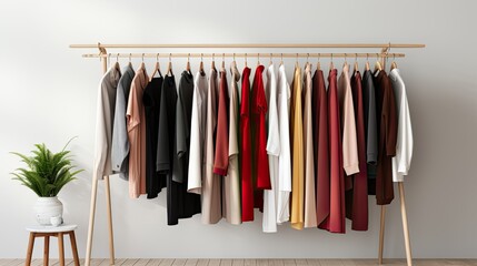 stylish clothes on a hanger in an organized and visually appealing way. Proper spacing between garments and neatly aligned, creating the look of a well-organized closet.