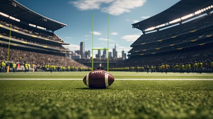 a soccer ball against the backdrop of a soccer arena from dynamic angles to convey the excitement of the game. Including a yellow goal post, grass field and blurred fans - obrazy, fototapety, plakaty