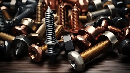 the screws are arranged in a variety of ways, but in an organized manner on a gray background. Mixed different types, such as metal, iron, chrome and wood screws,