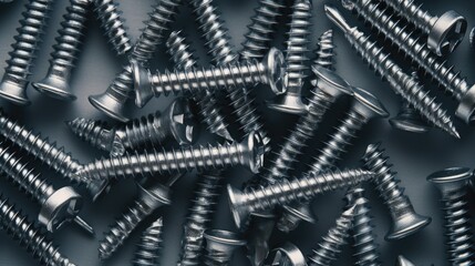 the screws are arranged in a variety of ways, but in an organized manner on a gray background. Mixed different types, such as metal, iron, chrome and wood screws,