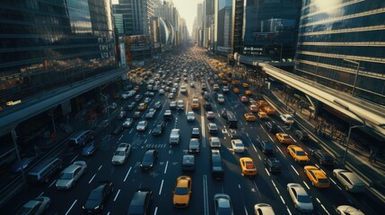 A rush hour traffic jam from different perspectives, such as ground level or from above, to...