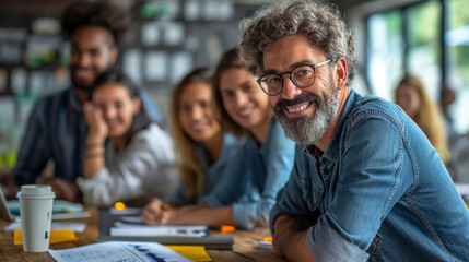 Obraz premium Group of People Sitting Around a Wooden Table Discussing Business Plans
