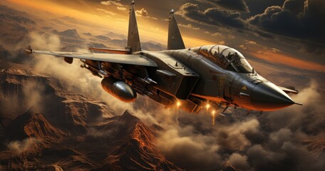 A powerful military jet soars through the sky, its sleek design cutting through the clouds as it navigates over rugged mountains on a mission of strength and precision - obrazy, fototapety, plakaty