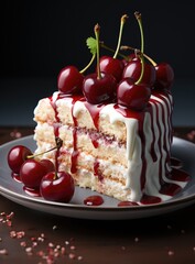A delectable masterpiece, adorned with cherries and creamy bavarian filling, sits atop a plate as the ultimate indulgence for any sweet tooth craving