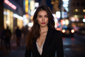 Obraz premium Stylish woman in a trendy mesh insert blazer confidently navigating the city nightlife