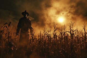 A haunted cornfield with scarecrows and eerie lighting, creating a spooky atmosphere