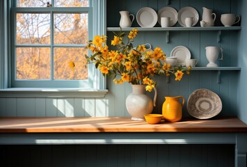 A sunny still life of indoor floral design featuring a ceramic vase filled with vibrant yellow flowers, complemented by a matching pitcher on a shelf in front of a window with a beautiful floral wall