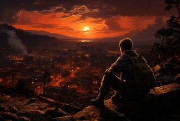 As the fiery sun sets over the rugged mountain, a solitary figure gazes out at the sprawling city, his thoughts lost in the turbulent sky above