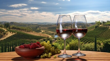 glass of wine against the backdrop of a vineyard landscape. A balance that allows for a clear focus on the winemaking elements while still leaving plenty of space for text.