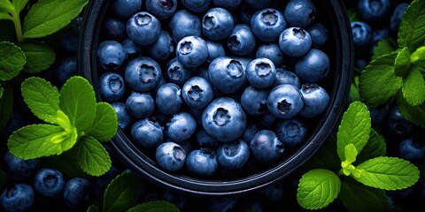 Bowl of Blueberries with Fresh Green Mint Leaves. Top View Of Healthy Organic Berries. Generative AI