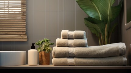 a stack of towels next to typical bathroom fixtures such as toiletries, soap dispensers or plants.