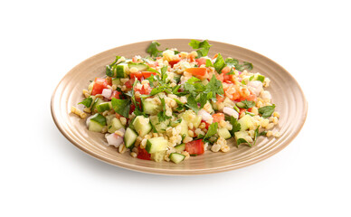 Plate with delicious tabbouleh salad on white background