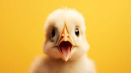 Realistic Baby chicken cute surprised face on yellow background AI generated image - obrazy, fototapety, plakaty