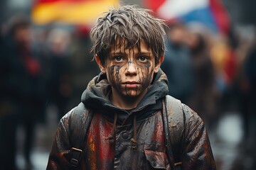 Fototapeta na wymiar A young boy with a dirty and tear-stained face stands alone on a desolate street, his tattered clothing and unkempt appearance revealing a harsh reality of struggle and hardship