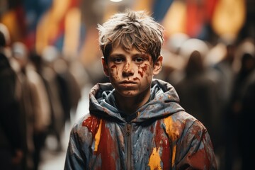 A young boy stands on a busy street, his face painted with vibrant colors, a reflection of his...