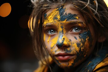 A haunting portrait of a young girl with yellow paint smeared across her face, standing alone in the outdoor light, evoking a sense of horror and mystery