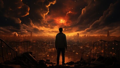 Fototapeta premium A lone figure stands atop a grassy hill, gazing out at the twinkling city below, framed by a dramatic sky of swirling clouds and deepening night