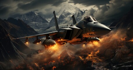 A sleek fighter jet soars through the clouds, navigating the rugged mountain terrain with precision and grace, embodying the power and adrenaline of aerial warfare in this exhilarating pc game - obrazy, fototapety, plakaty