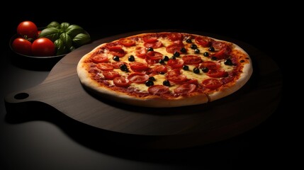 delicious pizza on a wooden board on a dark background