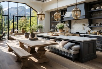 A cozy and modern living room featuring a spacious coffee table surrounded by stylish benches, a sleek sofa bed, and elegant cabinetry, all illuminated by natural light pouring in from the large wind