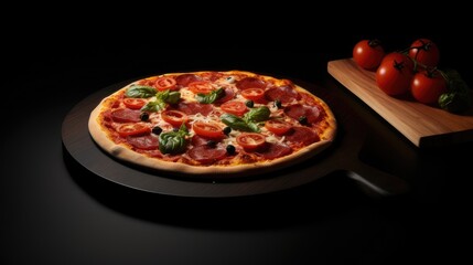 delicious pizza on a wooden board on a dark background