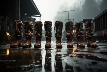 Amidst the dark sky and wet ground, a row of boots stands in reflection on a glass surface, symbolizing the outdoor journey ahead with both light and darkness to guide them