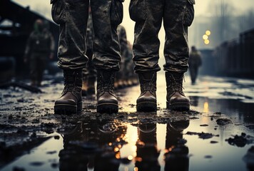 Two soldiers stand in reflection, their boots reflecting in the puddle as they prepare for an outdoor mission
