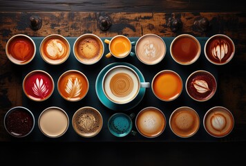 A vibrant array of cups, each holding a unique colored drink, glistens under the warm indoor lighting