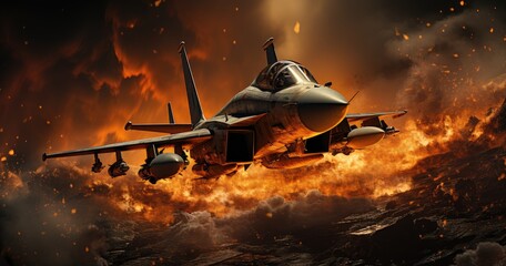 A fiery fighter jet soars through the sky, its powerful engine propelling it towards its explosive target - obrazy, fototapety, plakaty